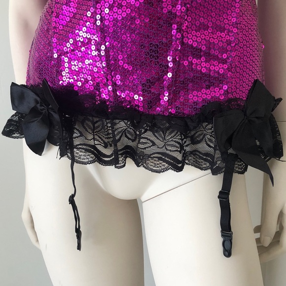 Magenta Sequin Over the Bust Lace Garter Corset - Picture 3 of 4